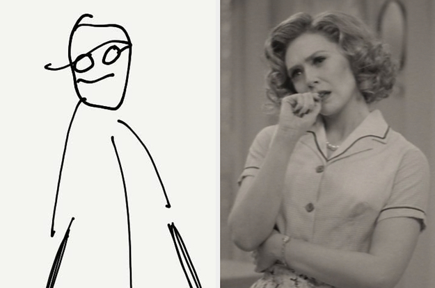 On the left, a stick figure drawing, and on the right, Wanda Maximoff cocking her head to the side in confusion