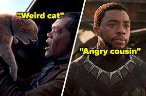 Scenes from Captain Marvel and Black Panther labeled "weird cat" and "angry cousin"