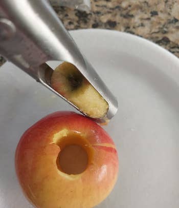 Reviewer photo of the corer holding an apple core next to the hollowed-out apple