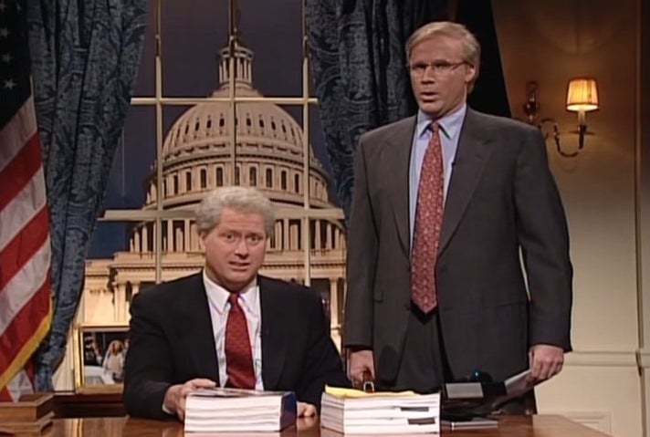 Darrell Hammond as Bill Clinton sitting in the White House with Will Ferrell&#x27;s Kenneth Star standing next to him in &quot;Saturday Night Live&quot;