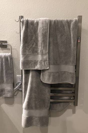 closeup of reviewer's towels on towel rack
