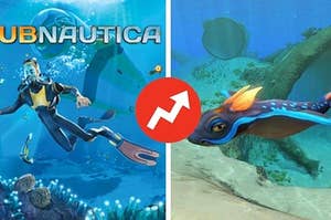 Photo of diver underwater with the word subnautica above him with a submarine in the background and a creature from the game subnautica called a rabbit ray swimming and a line in between the two photos with a buzzfeed logo in the middle.