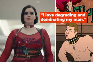 (Left) Barbie Ferreira as Kat in "Euphoria" (Right) Shirtless man in collar and leash in "Gridiron Heights"