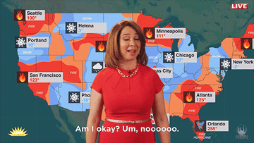 Maya Rudolph in front of a weather map saying