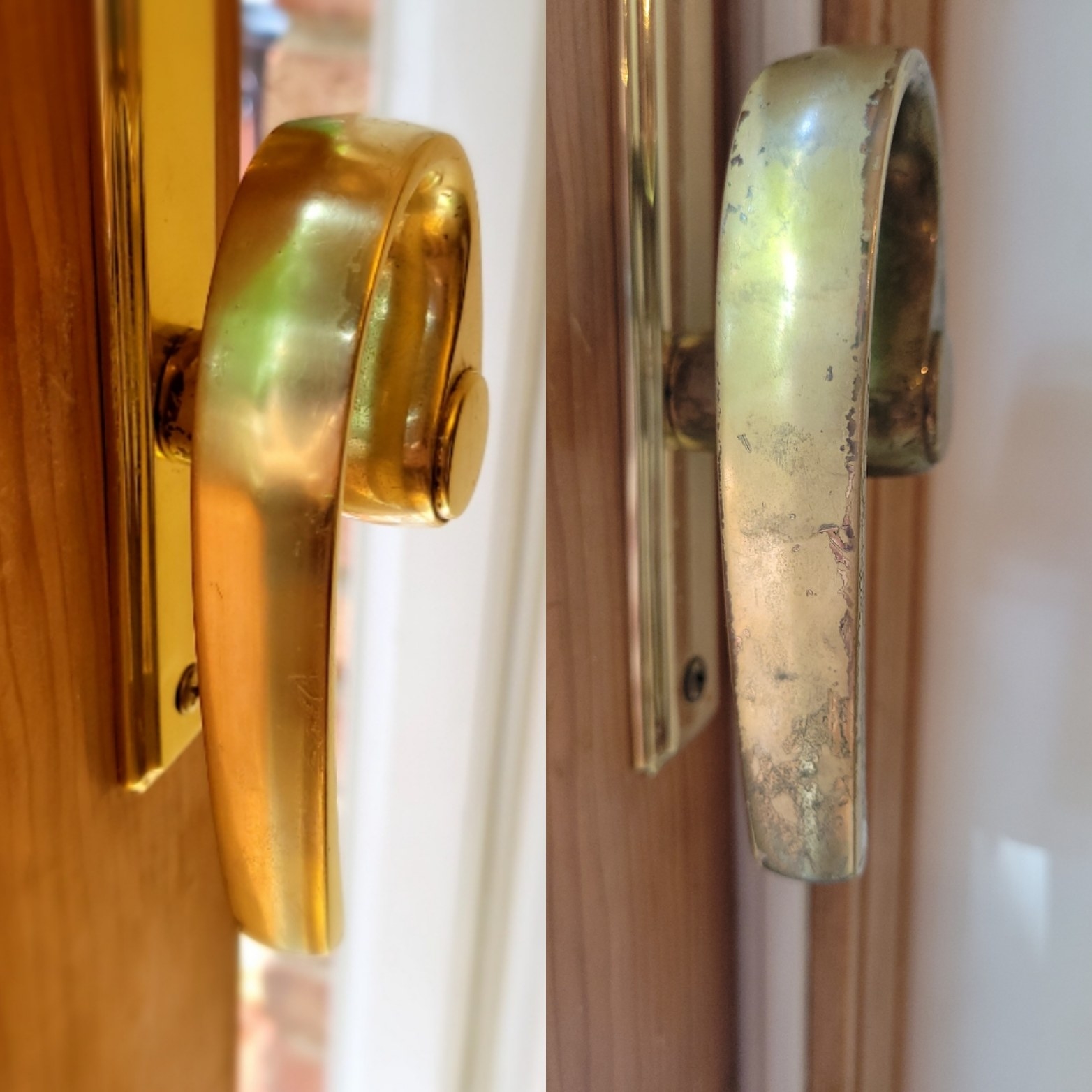 a reviewer&#x27;s door knob before, looking dull and almost like the finish is chipped and dirty, then after, looking bright brass and shiny