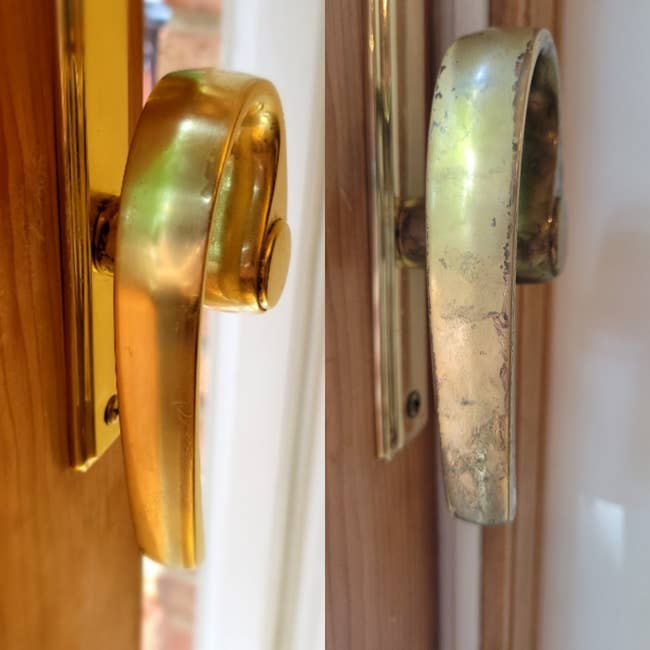 a reviewer's door knob before, looking dull and almost like the finish is chipped and dirty, then after, looking bright brass and shiny