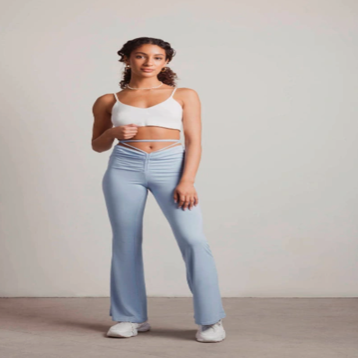 Model wearing blue pants