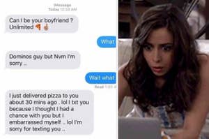 Woman looking stunned at a guy who delivered her dominos asking her out