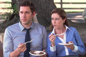 Jim and Pam from The Office eating pie