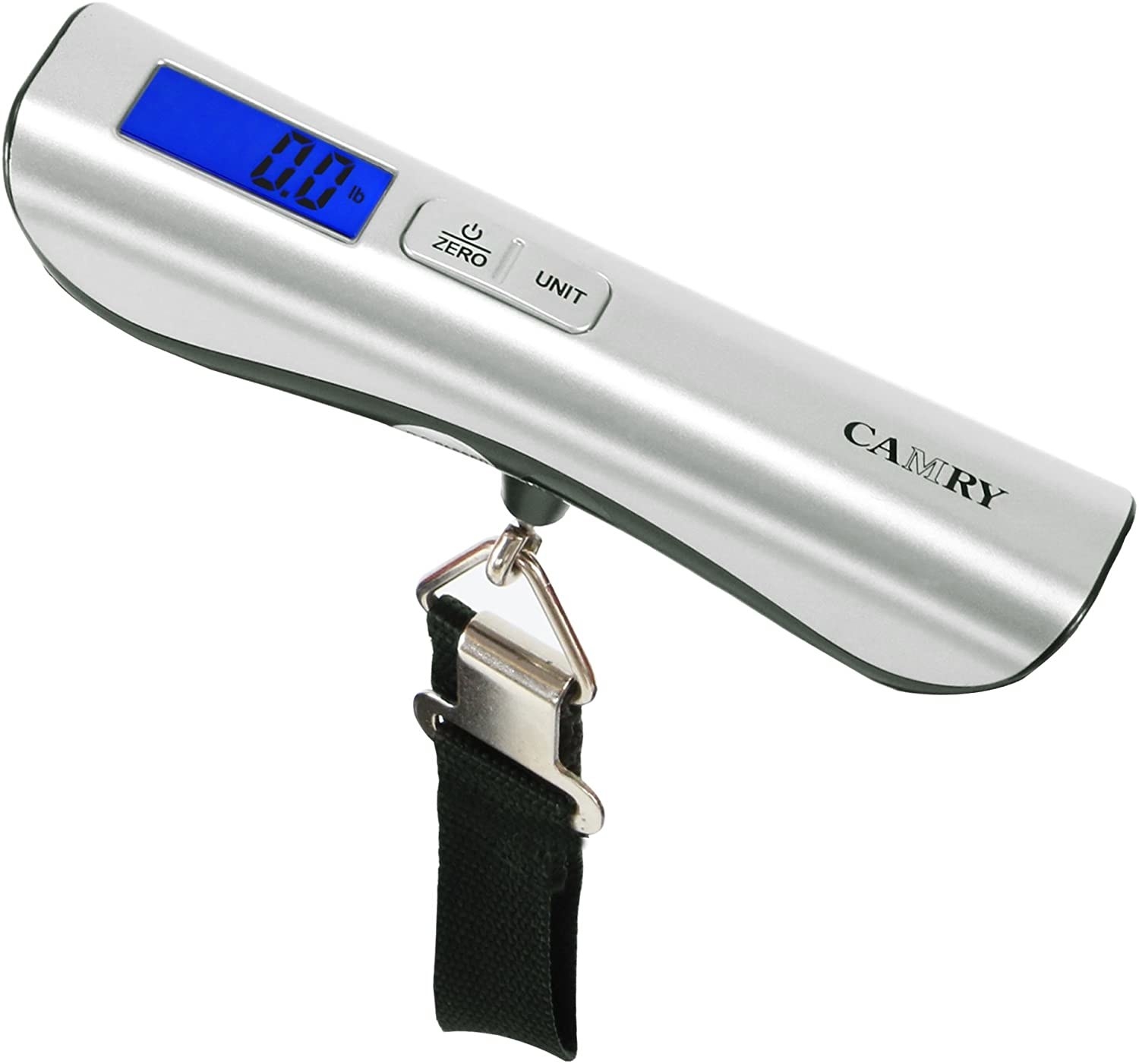Silver digital scale with black strap and metal clip