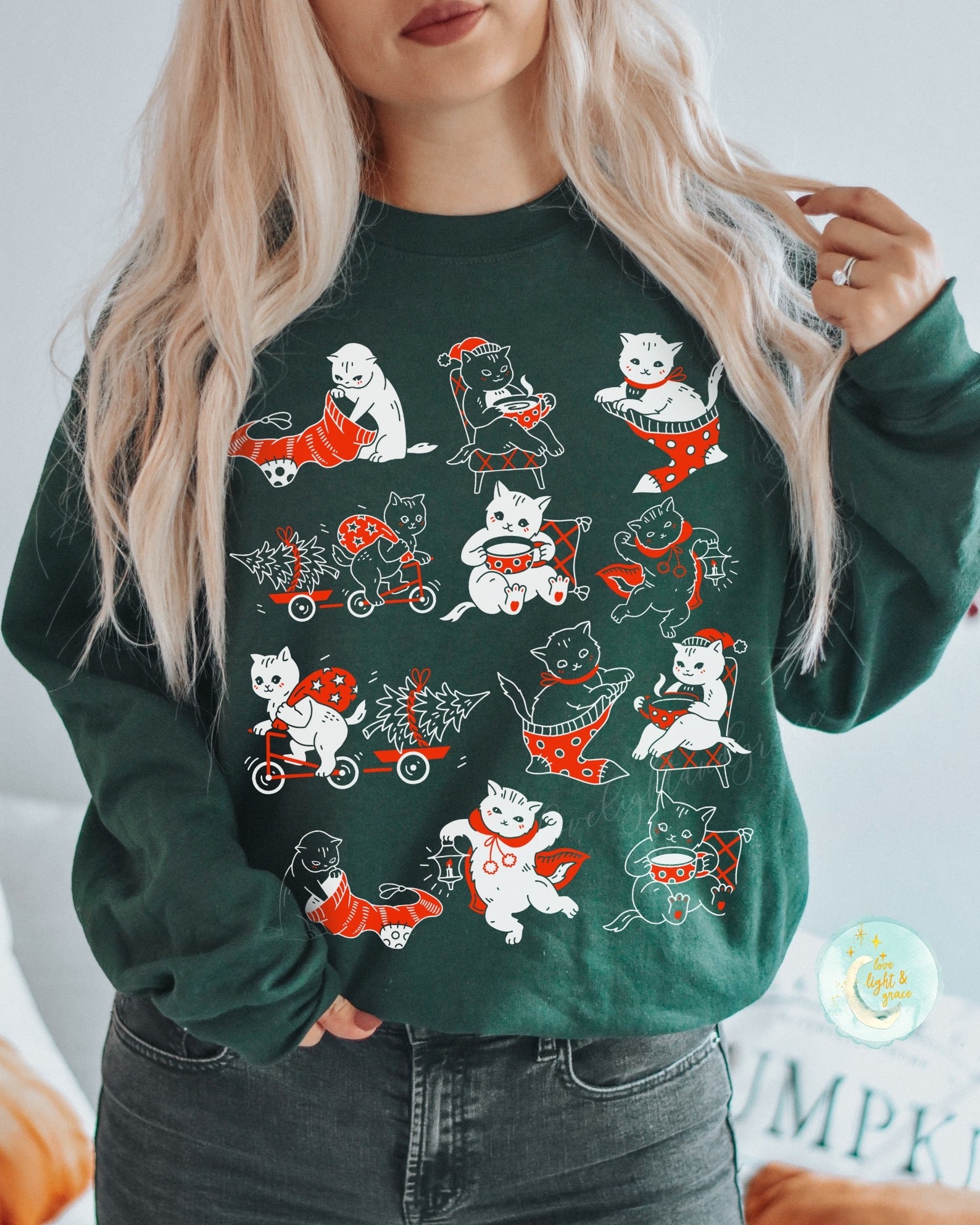MEOWY merry CHRISTMAS Cat Lover Holiday Sweater Gift 16 Girls Teen XL 14