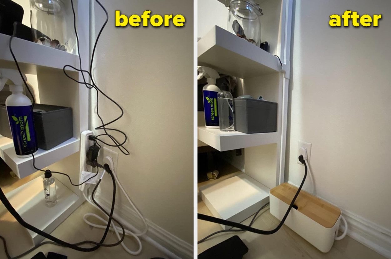a reviewer photo of tons of tangled cords and an after photo of a clean space with the white cord organizer on the floor