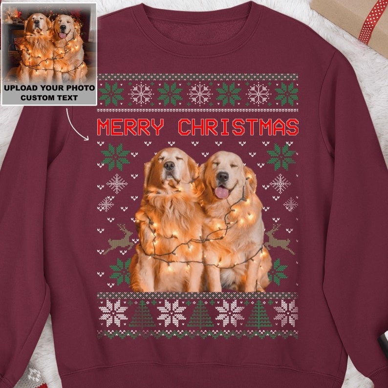 Red sweatshirt with custom dog photo in the middle of Christmas pattern