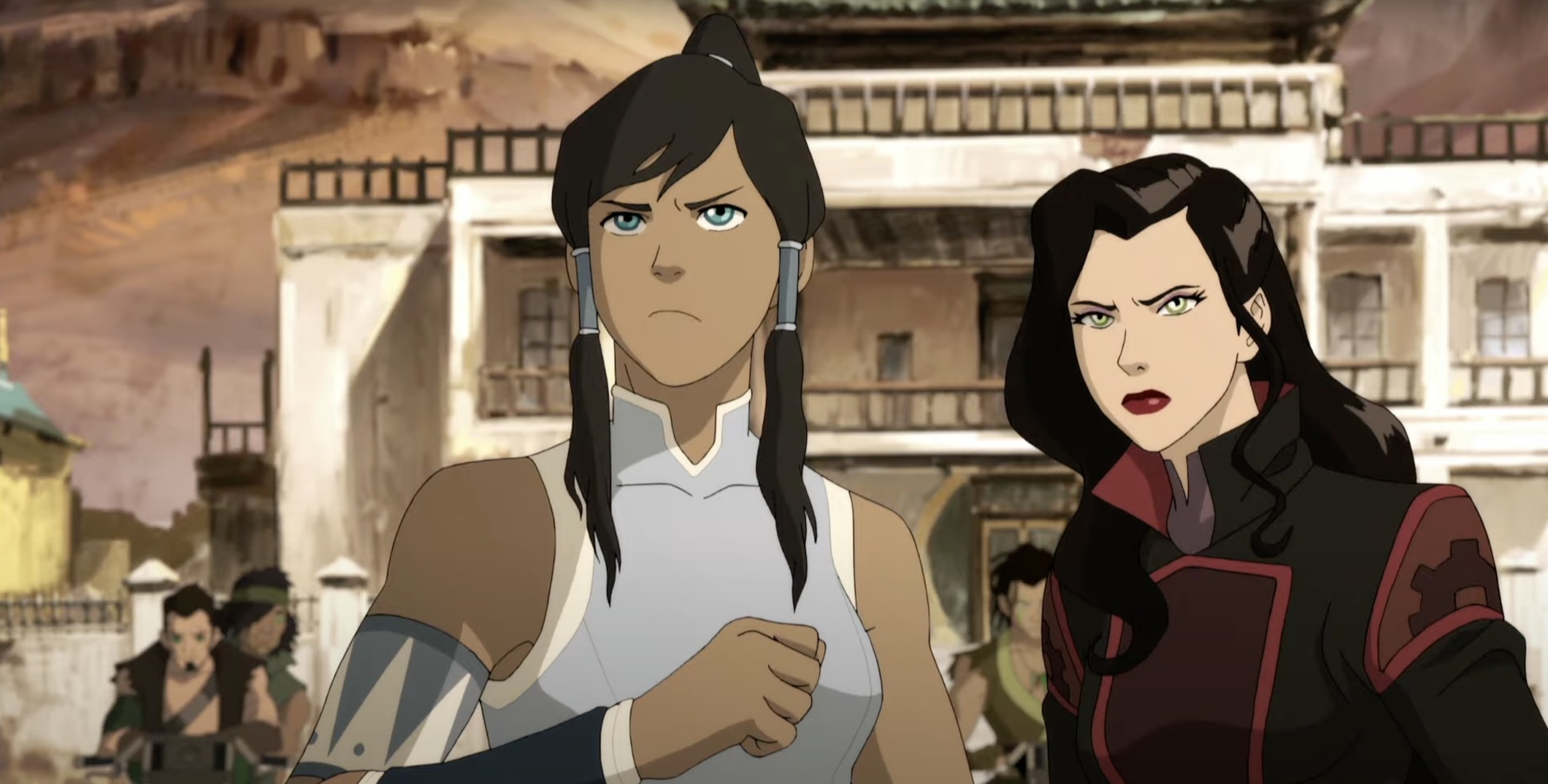 Korra and Asami prepare to enter a fight with a handful of  bandits