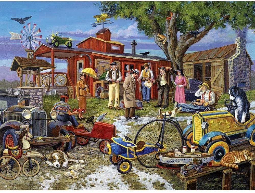 the puzzle, which features a chaotic outdoors scene of people and lots of random junk