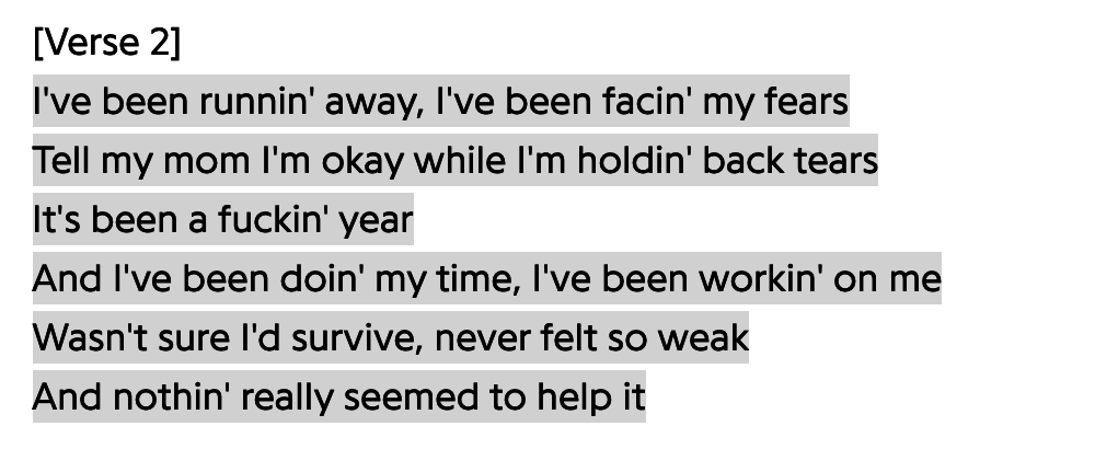 Some of the lyrics of the song include &quot;I&#x27;ve been runnin&#x27; away, I&#x27;ve been facin&#x27; my fears/Tell my mom I&#x27;m okay while I&#x27;m holdin&#x27; back tears/It&#x27;s been a fuckin&#x27; year&quot;