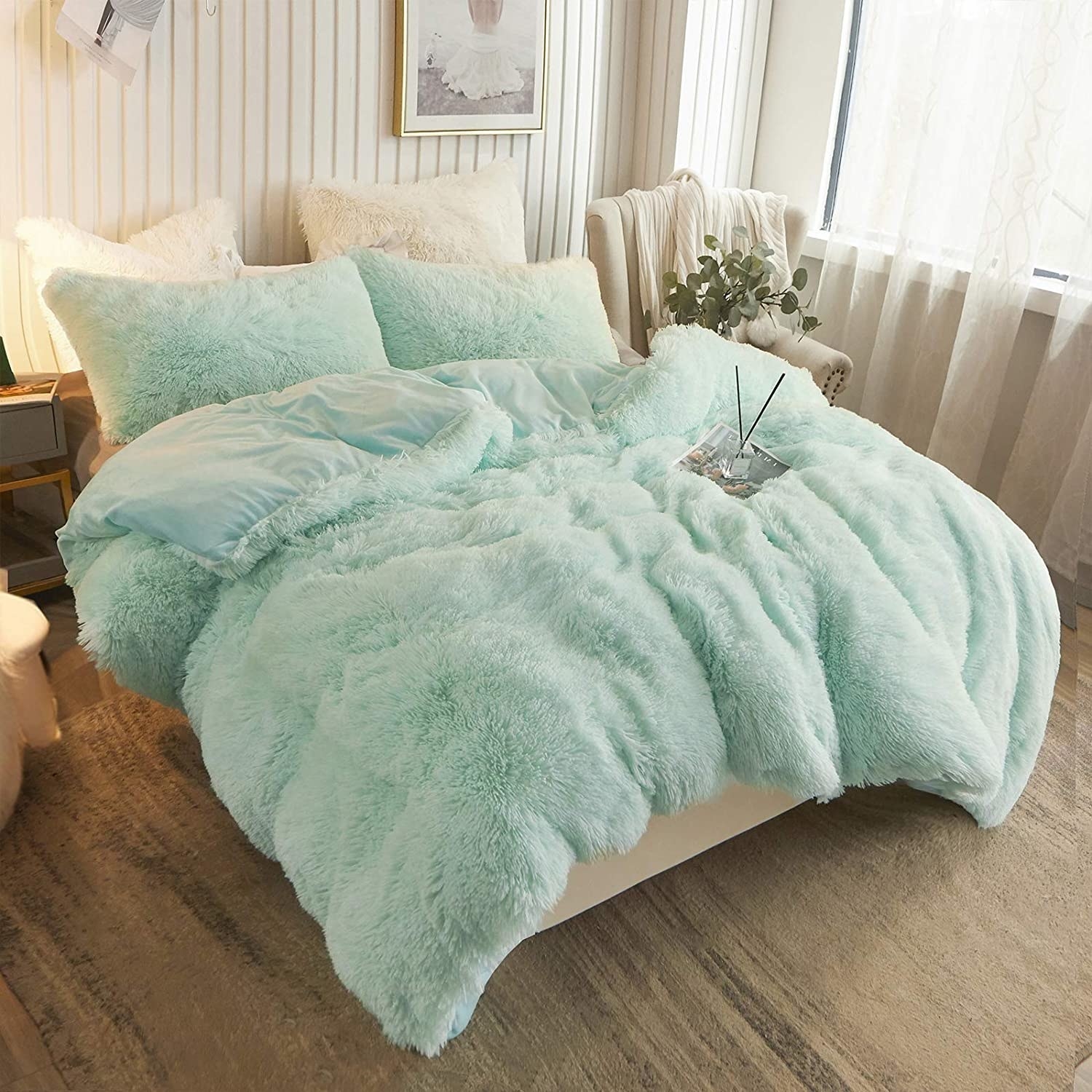 a fluffy duvet cover with matching pillow shams