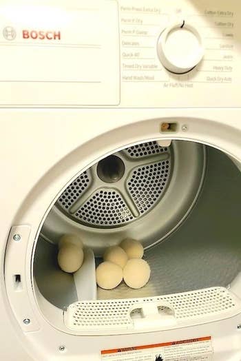 A reviewer's six wool balls in the dryer