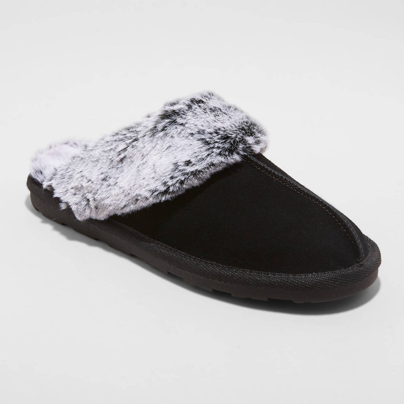 A pair of black slipper with faux grey fur