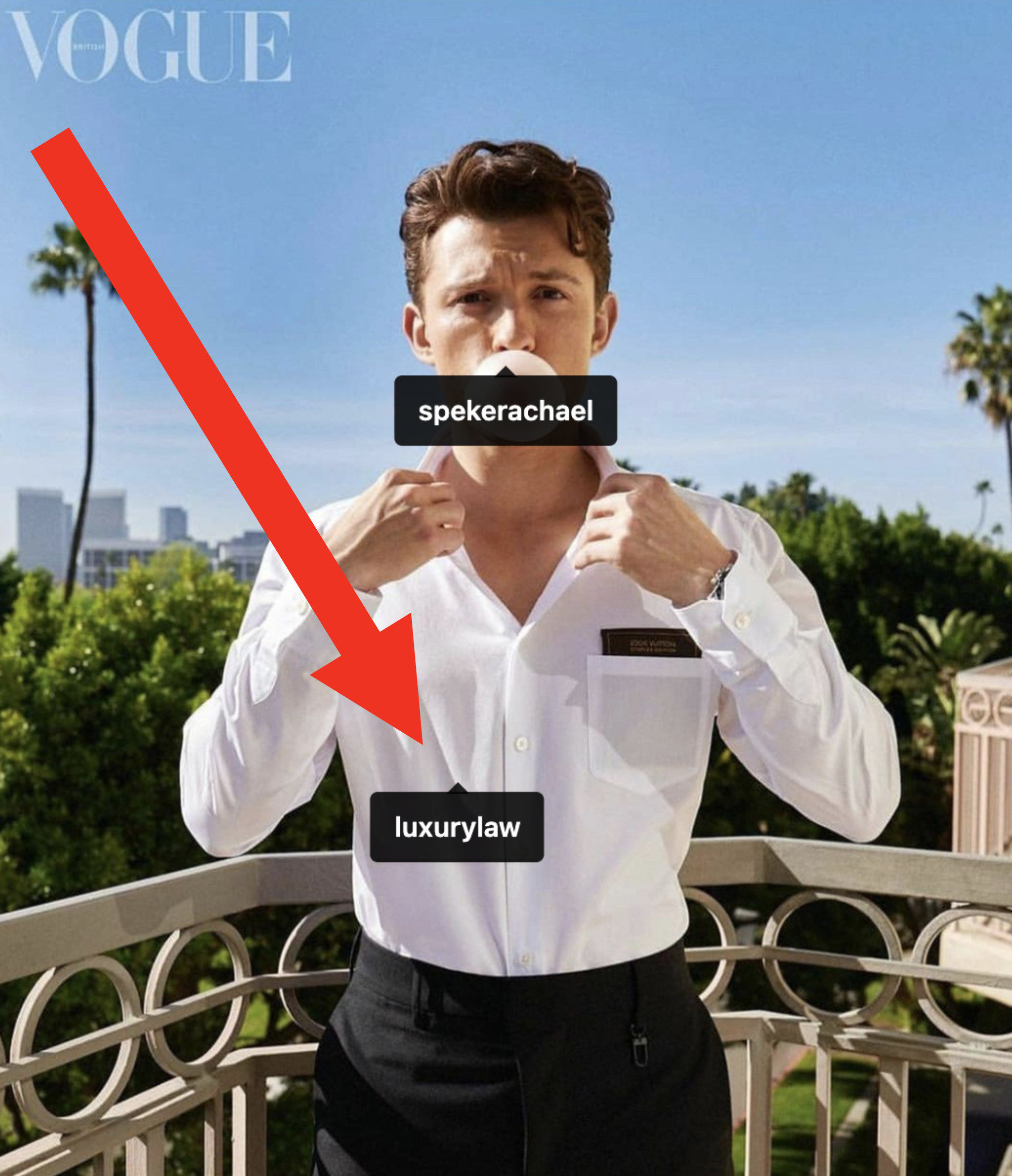 An IG image of Tom in a dress shirt and fitted slacks with Law Roach tagged