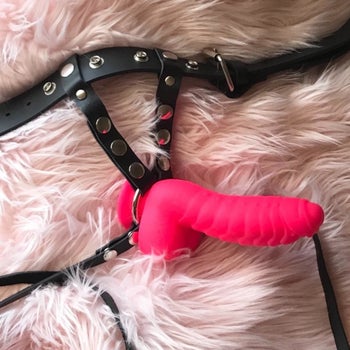 Pink textured dildo attached to black harness