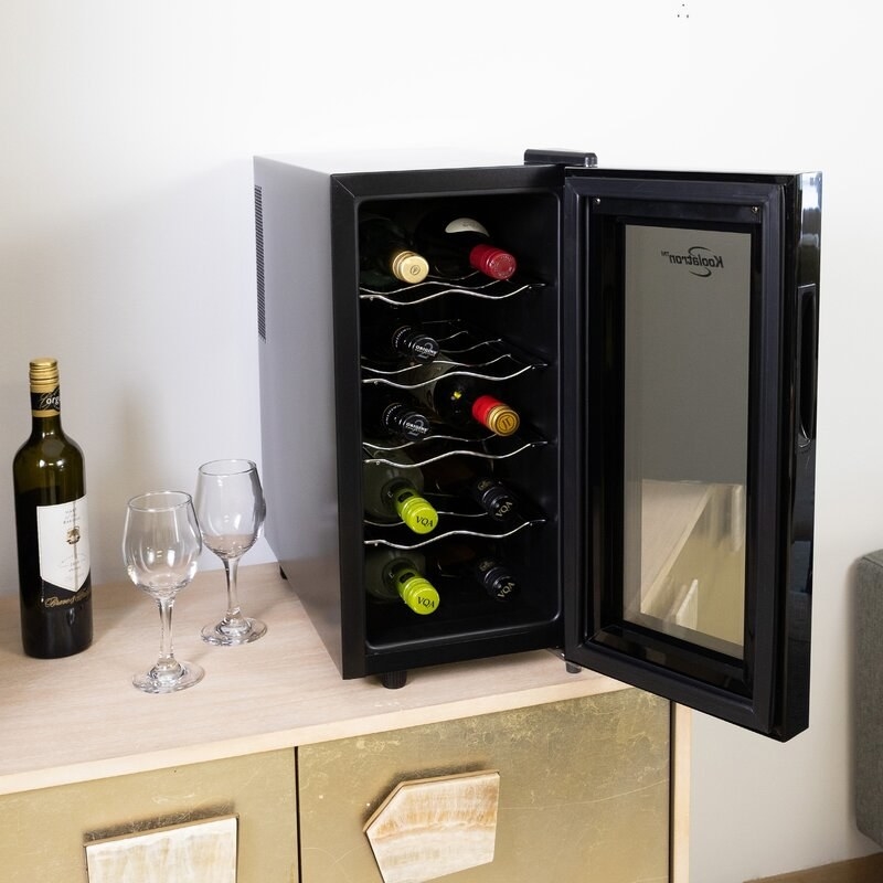 A black wine fridge in a home