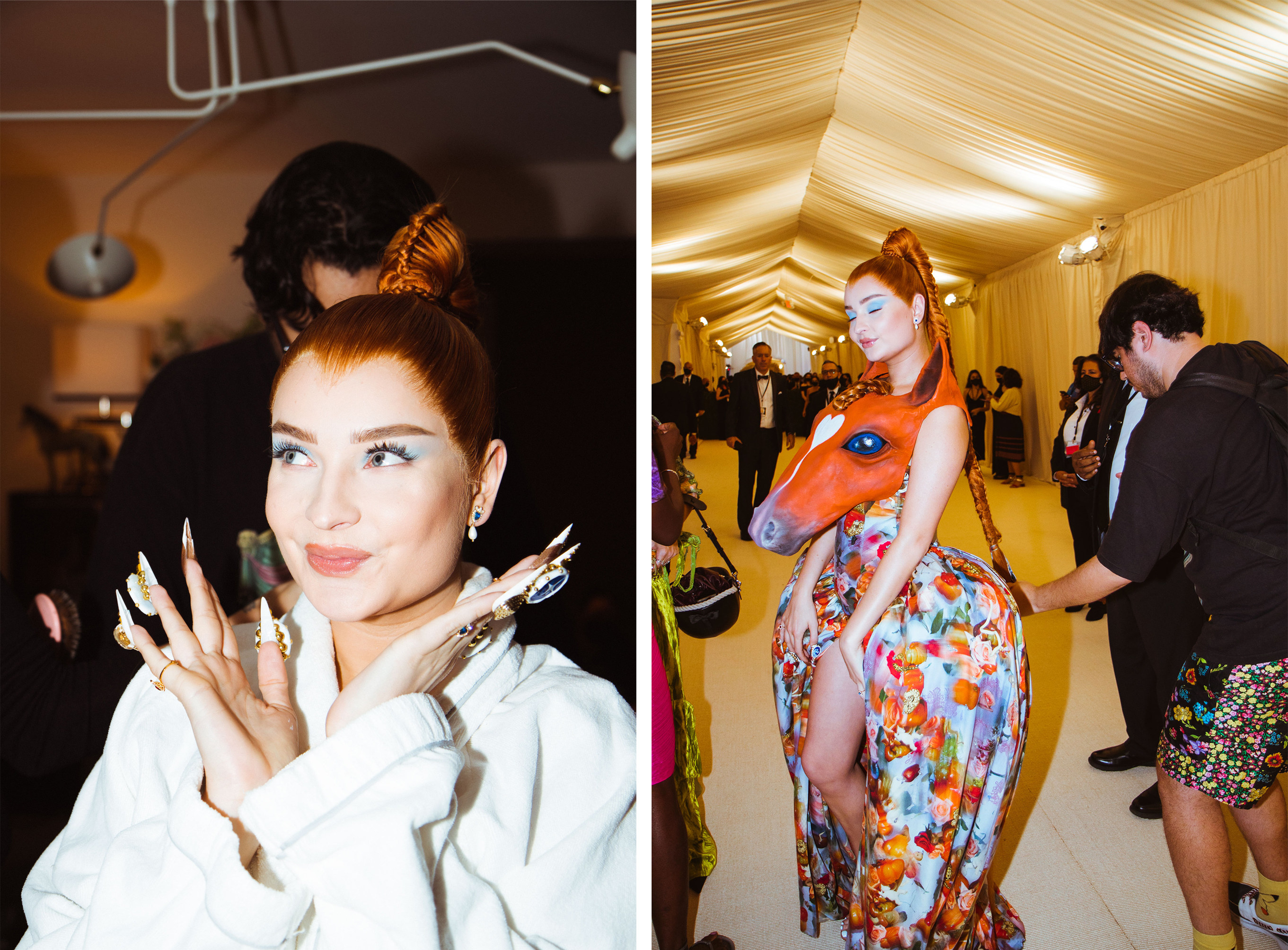 Kim Petras getting her hair done while wearing a bathrobe, and backstage at the Met wearing a horse head over her dress