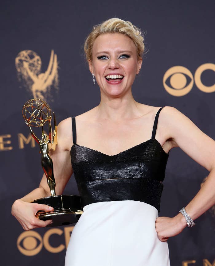 Kate McKinnon holding her Emmy Award for her performance on &quot;Saturday Night Live&quot;