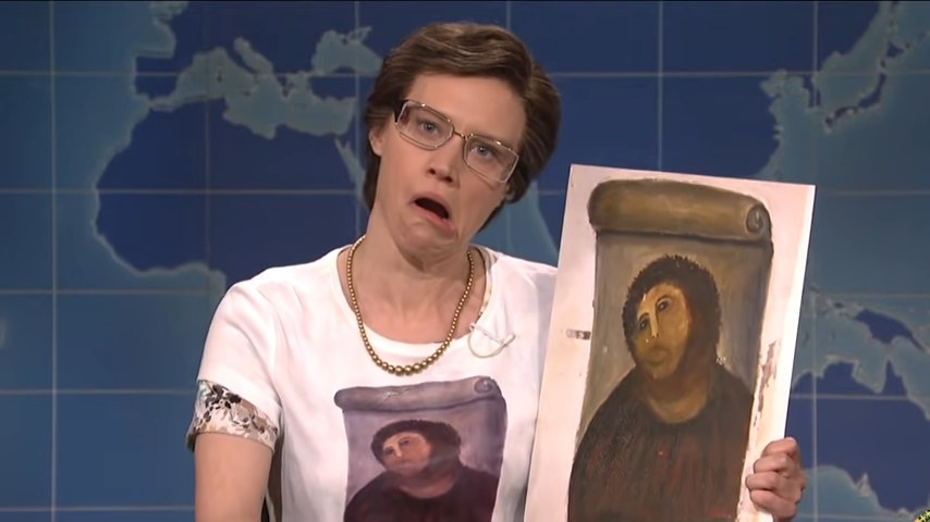 Kate McKinnon impersonating Cecilia Gimenez on Weekend Update in &quot;Saturday Night Live&quot;