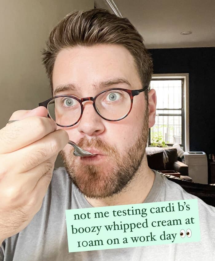 Author taking a bite of food with Whipshots on it