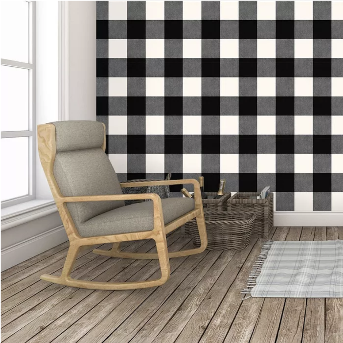 Rocking chair in front of black and white plaid wall