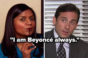 Kelly Kapoor sits with one leg of her glasses in her mouth and a close up of Michael Scott as he's mid sentence