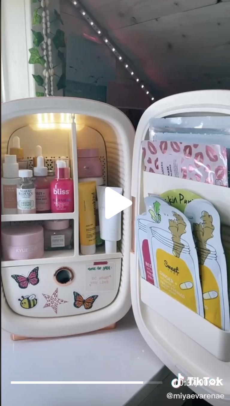 A photo of the inside of a skincare fridge filled with products to keep them cool