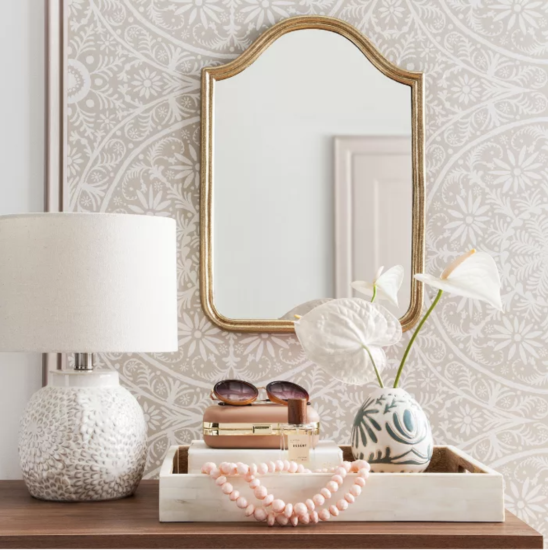 Beige color wallpaper with a white floral pattern