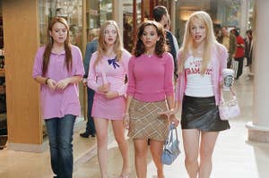 Lindsay Lohan, Amanda Seyfried, Lacey Chabert, and Rachel McAdams walk together through a mall