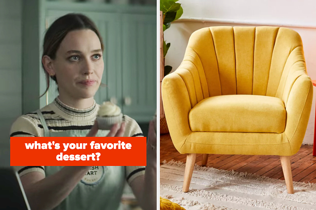 On the left, Love from You holding a cupcake labeled what's your favorite dessert, and on the right, a velvet armchair