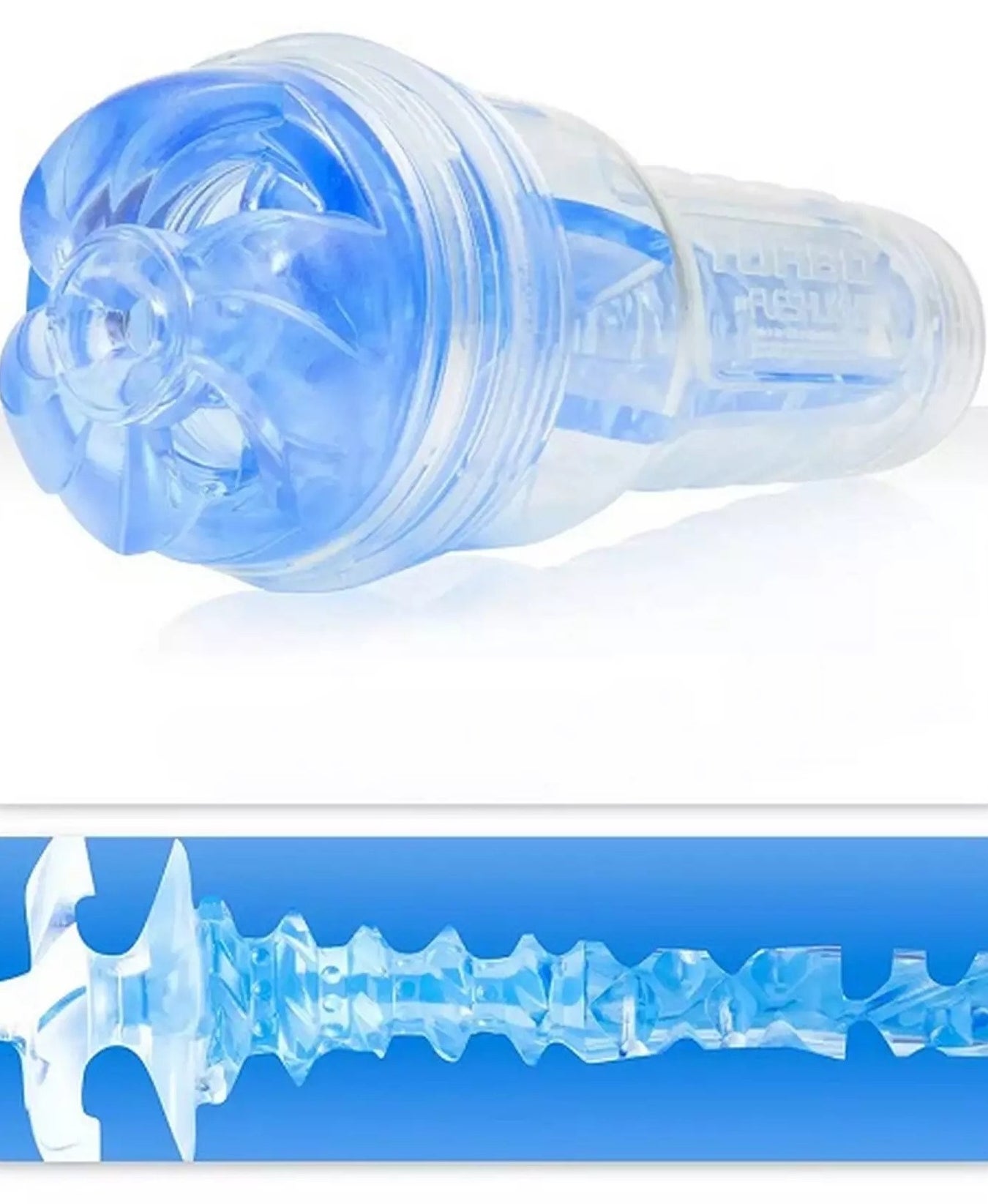 Blue and transparent masturbator with detail of interior