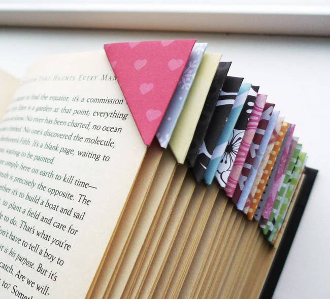 triangular corner bookmarks in different colors and patterns