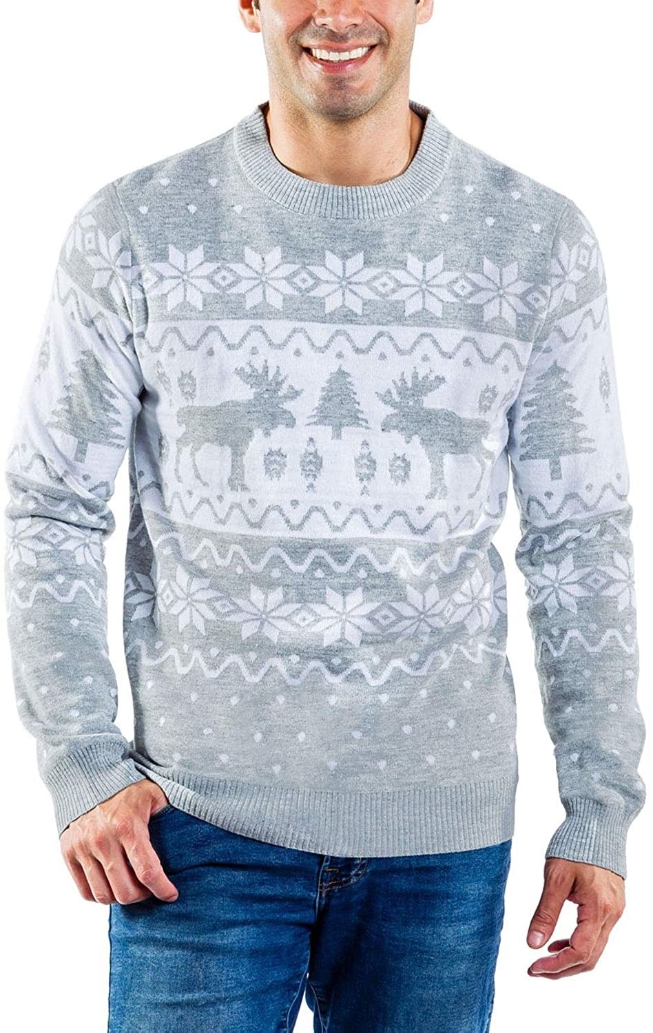 Model wearing gray and white Christmas sweater