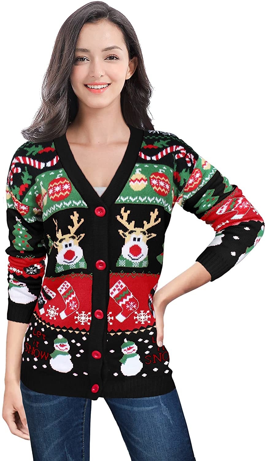 Model wearing Christmas-themed cardigan