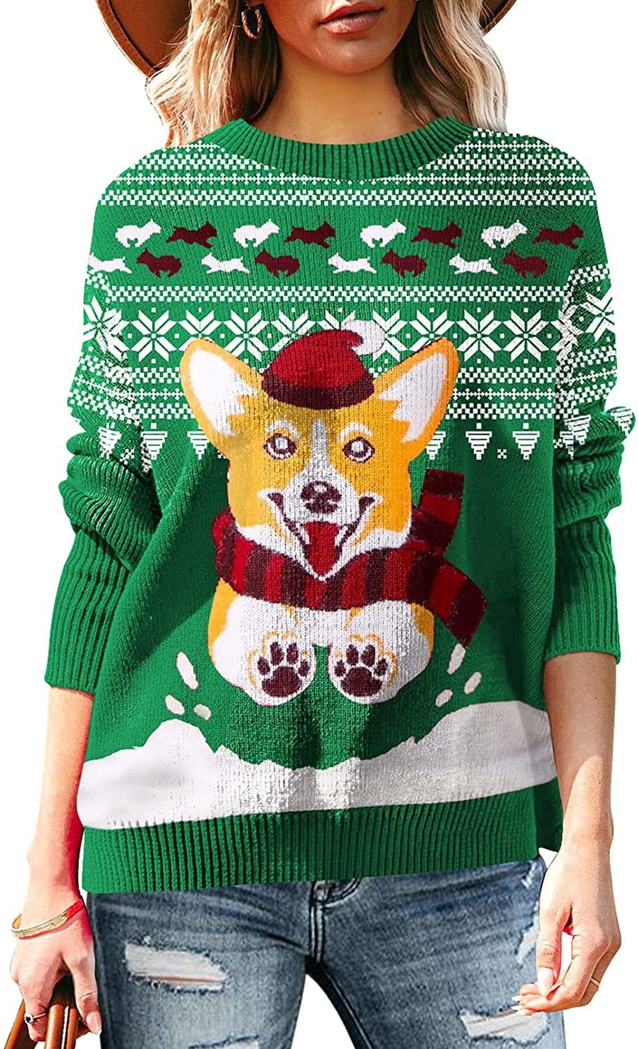 Model wearing corgi-themed Christmas sweater