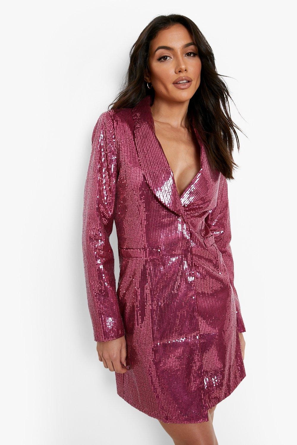 Model wearing pink sequin blazer dress, stops mid thigh