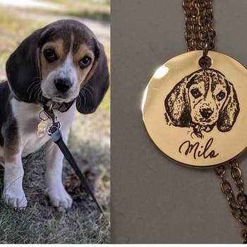 Reviewer photo of a dog, and the image recreated on a gold charm