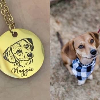 Reviewer photo of a dog next to the image recreated on a gold charm