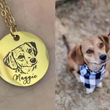 Reviewer photo of a dog next to the image recreated on a gold charm