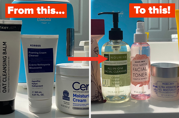 Left: Cleansing balm sits on a counter next to face wash and cream Right: Face cleanser sits on a counter next to a toner and cream
