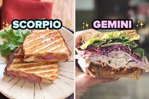 On the left, a roast beef and cheese panini labeled Scorpio, and on the right, a turkey sandwich labeled Gemini