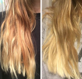 a reviewer's before and after sleeping with wet hair on the satin pillow