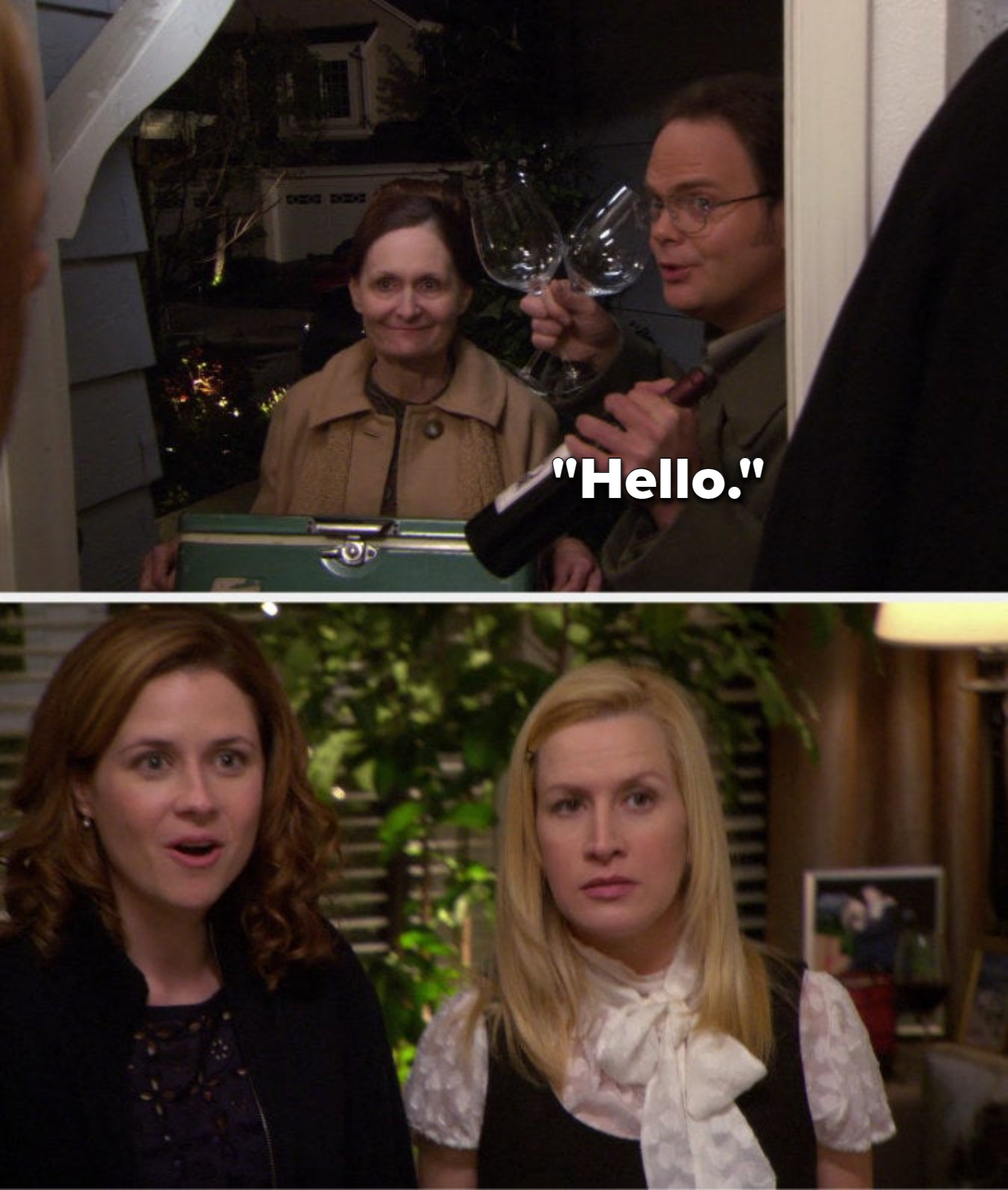 Dwight is at the door and says hello, Pam looks excited and Angels looks annoyed