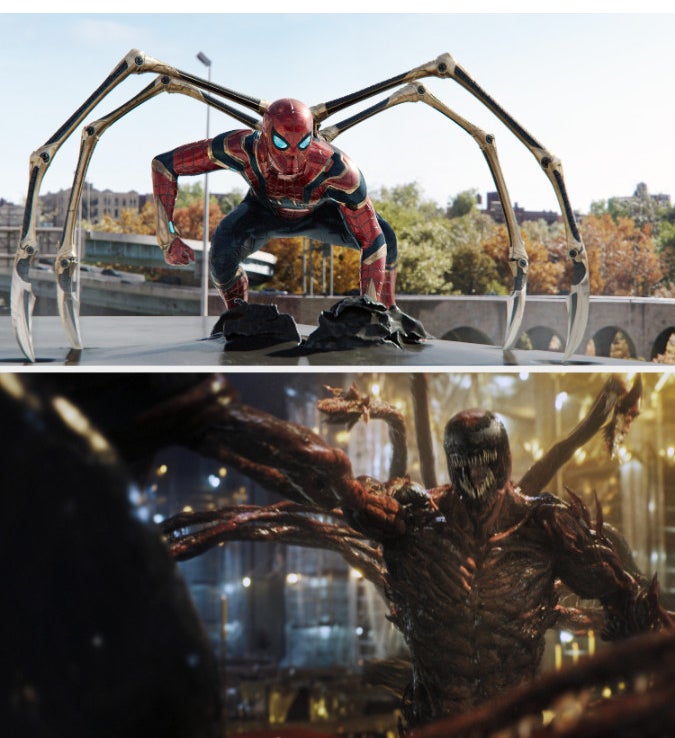 A picture of Spider-Man from &quot;Spider-Man: No Way Home&quot; and a picture of Venom from &quot;Venom: Let There Be Carnage&quot;